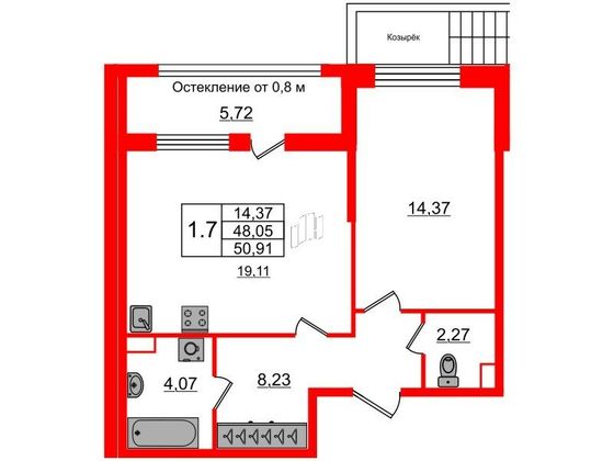 Продажа 1-комнатной квартиры 48 м², 1/9 этаж