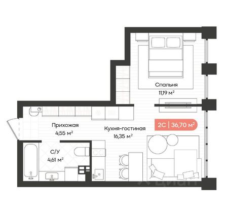 Продажа 1-комнатной квартиры 36,3 м², 17/20 этаж