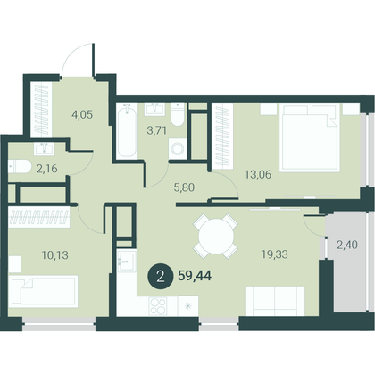 59,4 м², 2-комн. квартира, 13/14 этаж