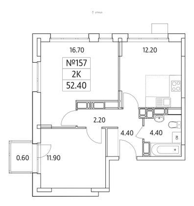 52,4 м², 2-комн. квартира, 25/25 этаж