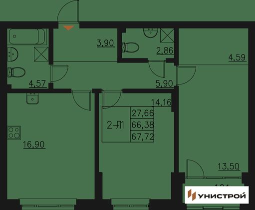 67,7 м², 2-комн. квартира, 7/20 этаж