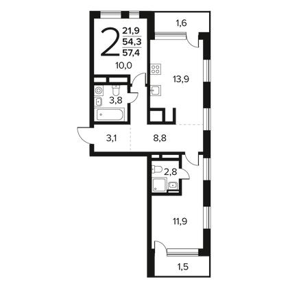 57,4 м², 2-комн. квартира, 14/14 этаж