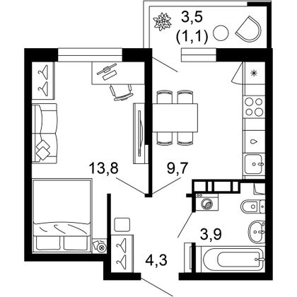 32,8 м², 1-комн. квартира, 2/12 этаж