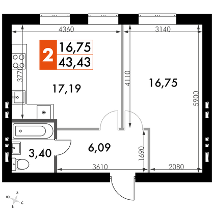 43,4 м², 1-комн. квартира, 2/4 этаж