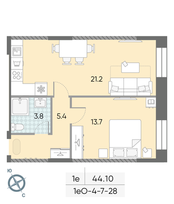 Продажа 1-комнатной квартиры 44,1 м², 26/28 этаж