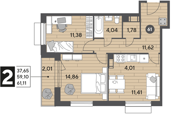 Продажа 2-комнатной квартиры 61,1 м², 9/9 этаж