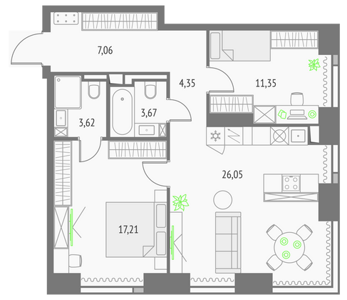 73,3 м², 2-комн. квартира, 27/57 этаж