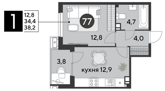 Продажа 1-комнатной квартиры 38,2 м², 9/18 этаж