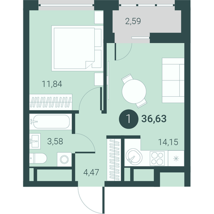 36,6 м², 1-комн. квартира, 2/10 этаж