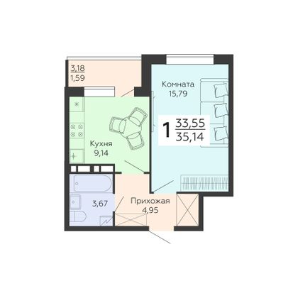 Продажа 1-комнатной квартиры 35,1 м², 12/18 этаж