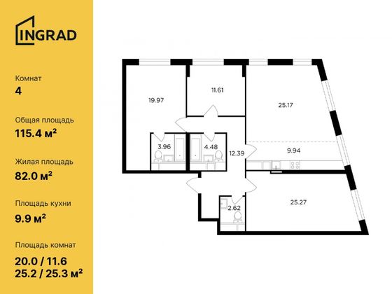 115,4 м², 4-комн. квартира, 26/29 этаж