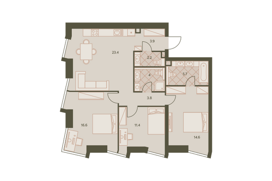 87,6 м², 4-комн. квартира, 24/42 этаж