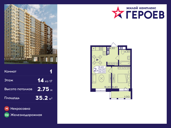 35,2 м², 1-комн. квартира, 14/17 этаж