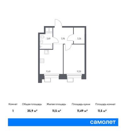 35,9 м², 1-комн. квартира, 3/23 этаж