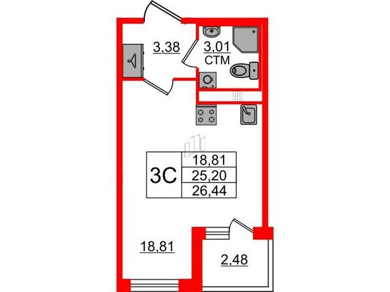 Продажа квартиры-студии 25,2 м², 2/4 этаж
