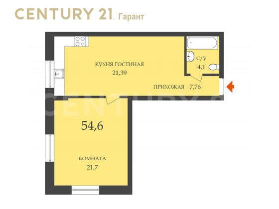 Продажа 1-комнатной квартиры 54,6 м², 3/3 этаж