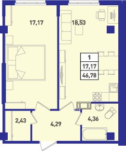 Продажа 1-комнатной квартиры 46,4 м², 4/18 этаж