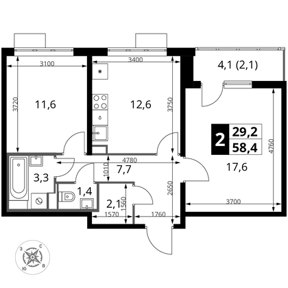 58,4 м², 2-комн. квартира, 3/22 этаж