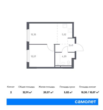 32,9 м², 1-комн. квартира, 15/17 этаж