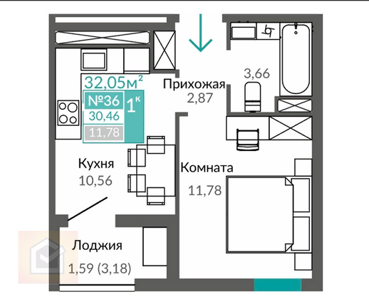 Продажа 1-комнатной квартиры 34,3 м², 6/9 этаж