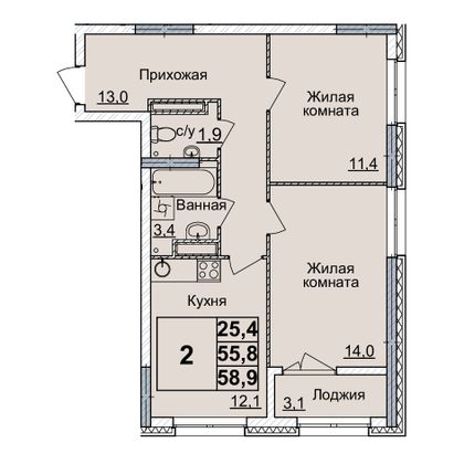 Продажа 2-комнатной квартиры 58 м², 22/24 этаж