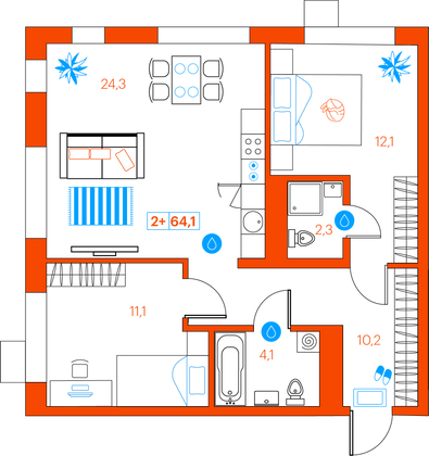 64,1 м², 2-комн. квартира, 19/21 этаж