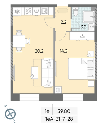 Продажа 1-комнатной квартиры 39,8 м², 20/28 этаж