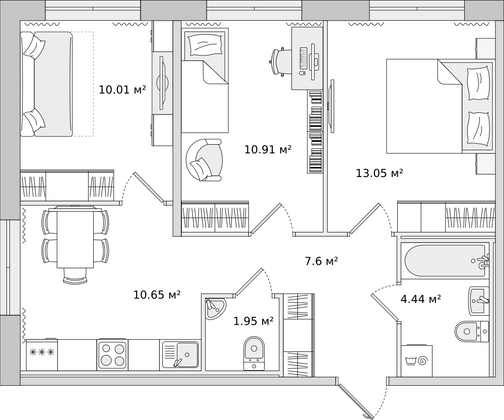 58 м², 3-комн. квартира, 2/15 этаж