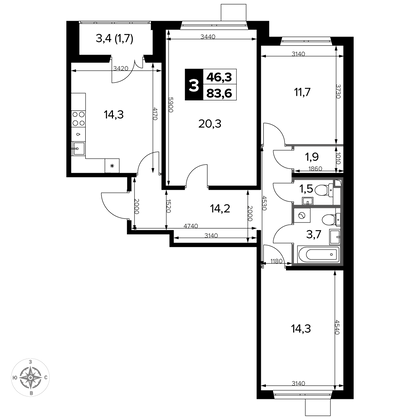 83,7 м², 3-комн. квартира, 5/15 этаж