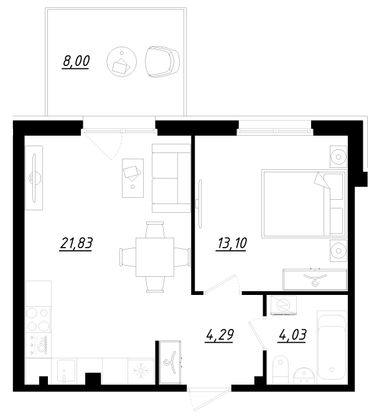 45,7 м², 1-комн. квартира, 1/5 этаж