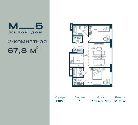 67,8 м², 2-комн. квартира, 16/25 этаж