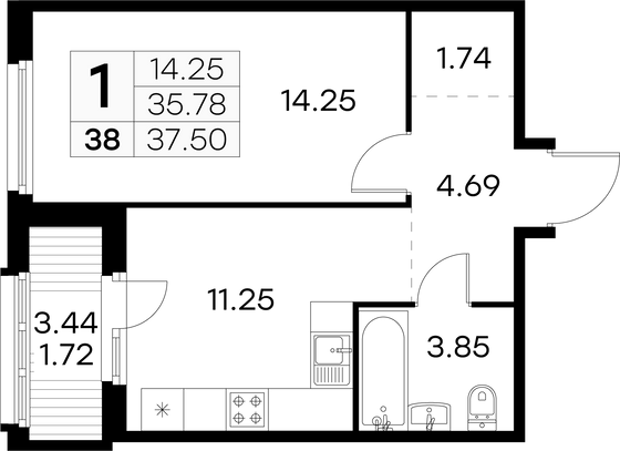 37,5 м², 1-комн. квартира, 5/15 этаж