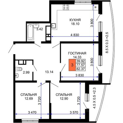 Продажа 3-комнатной квартиры 85 м², 18/24 этаж