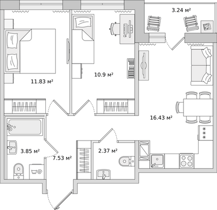 54,5 м², 2-комн. квартира, 2/16 этаж