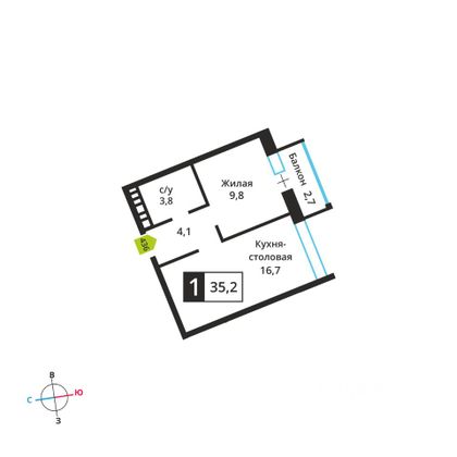 Продажа 1-комнатной квартиры 35,2 м², 12/12 этаж