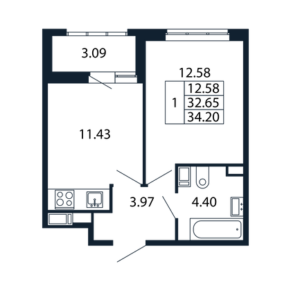 32,5 м², 1-комн. квартира, 11/13 этаж