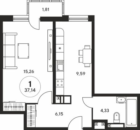 Продажа 1-комнатной квартиры 37,1 м², 18/25 этаж