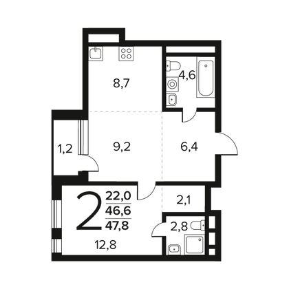 Продажа 2-комнатной квартиры 47,8 м², 6/12 этаж