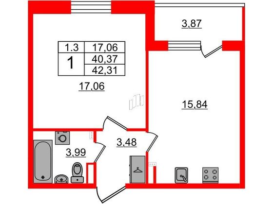 Продажа 1-комнатной квартиры 40,4 м², 2/5 этаж