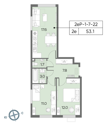 Продажа 2-комнатной квартиры 53,1 м², 20/24 этаж