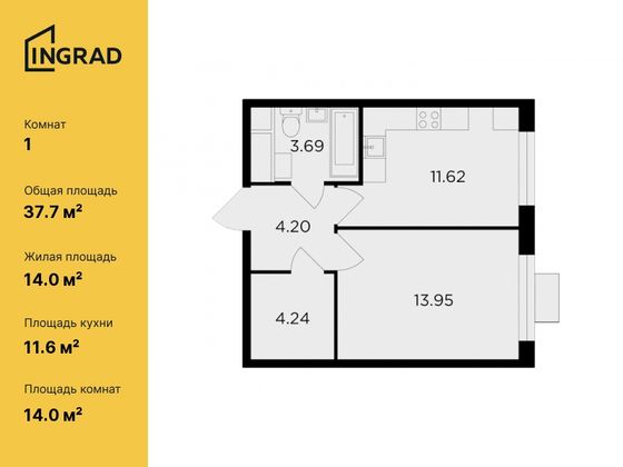 37,7 м², 1-комн. квартира, 10/24 этаж