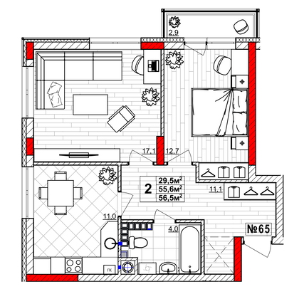 Продажа 2-комнатной квартиры 56,5 м², 4/4 этаж