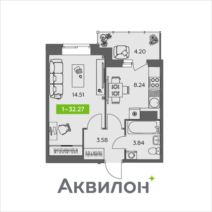 32,3 м², 1-комн. квартира, 7/9 этаж