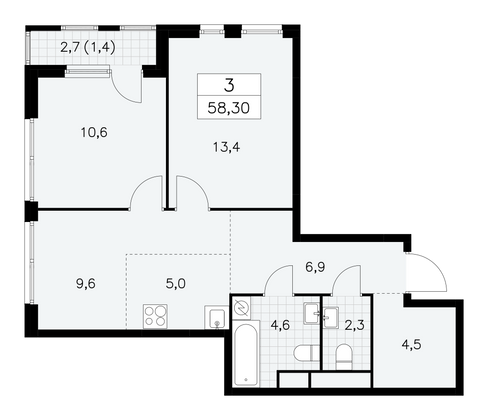 58,3 м², 3-комн. квартира, 27/30 этаж