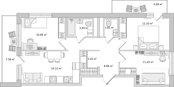 65,4 м², 3-комн. квартира, 19/21 этаж