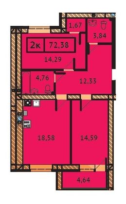 Продажа 2-комнатной квартиры 72,4 м², 3/9 этаж