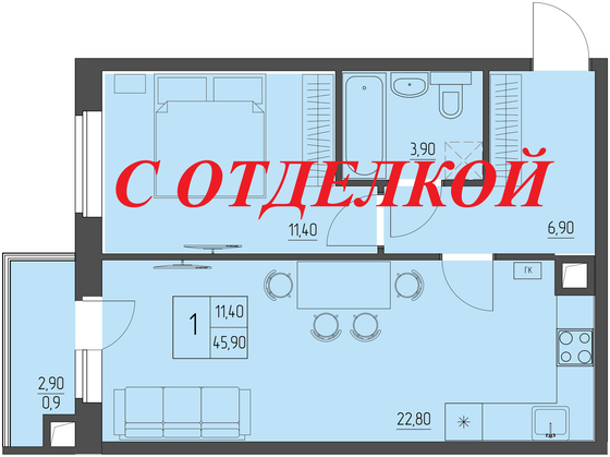 Продажа 1-комнатной квартиры 45 м², 3/4 этаж