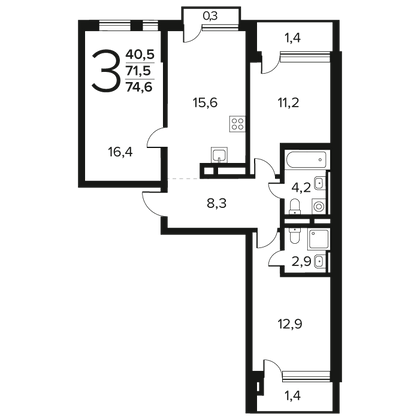 Продажа 3-комнатной квартиры 74,6 м², 6/12 этаж