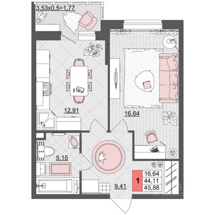 Продажа 1-комнатной квартиры 45 м², 10/15 этаж