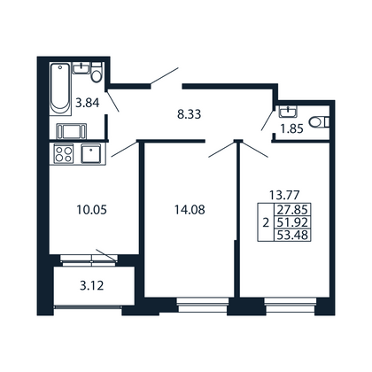 53,5 м², 2-комн. квартира, 5/12 этаж